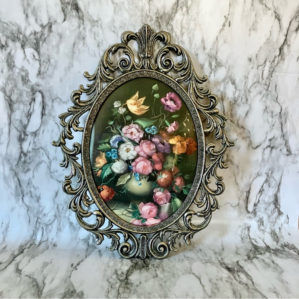 Vintage brass ornate oval picture with frame and glass cover